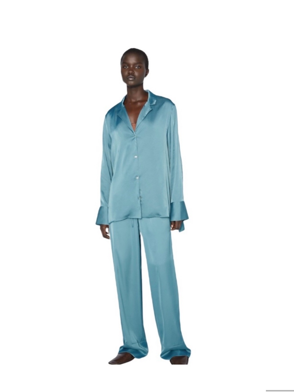 Zara Teal Satin Button-Up Pajama Set